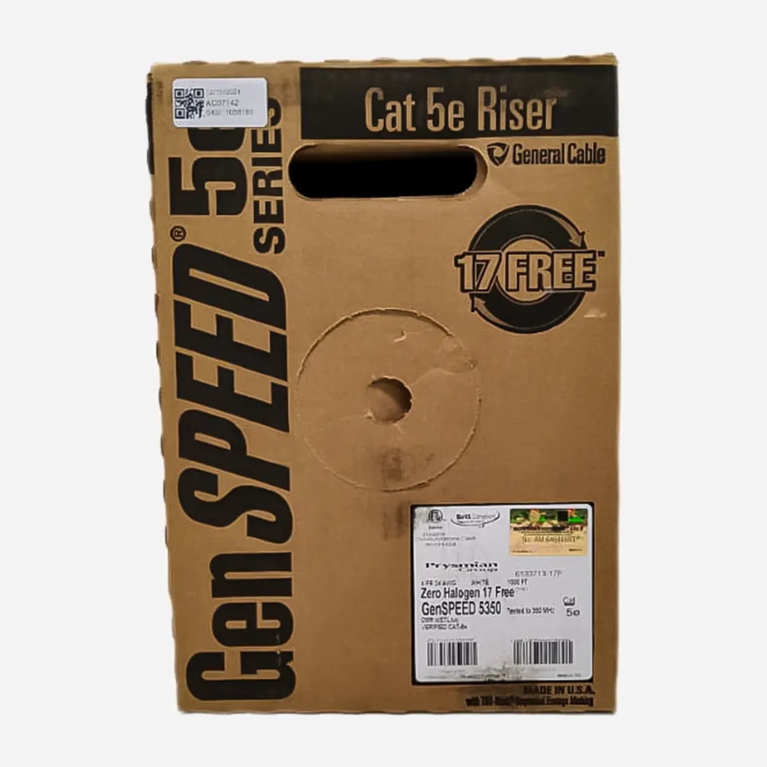 GenSpeed 5350 Cat5e 1000ft Ethernet Cable – 24AWG Solid Copper Riser CMR White (Pull-Pac II)
