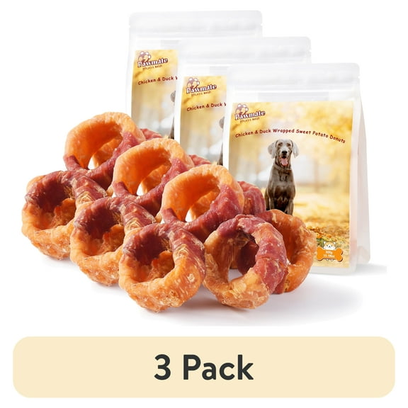 (3 pack) Pawmate Chicken & Duck Wrapped Sweet Potato Donut Dog Treats, Nutritious, Natural & Chewy Snack for All Dogs, 11oz