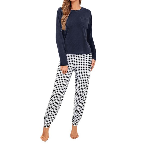 biudgviw Ensembles Deux Pièces pour Femmes Ensembles de Détente Col Ras du Cou Chandails à Manches Longues avec Pantalons à Carreaux Ensembles Assortis Vêtements de Voyage Vacances