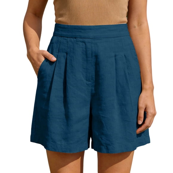 Iyufng Linen Shorts for Women Casual Pleated Elastic High Waist Wide Leg Comfy Summer Shorts with Pocket Beach Vacation Trendy