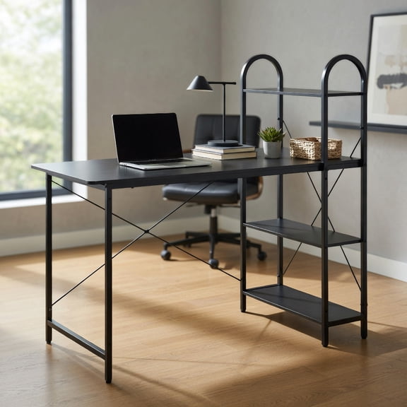 Resenkos 48-Inch Reversible Computer Desk with Storage Shelf-Black, Home Office Desks, Gaming Computer Desks for Study,Working,Writing