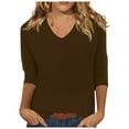 thumbnail image 2 of Baberdicy Women's T-Shirts Womens Tops 3/4 Sleeve Summer Solid Plain Travel Cute Tops V Neck Slim Fit Half Sleeve Tshirts Shirts Spring Blouse Womens Tops Brown, 2 of 5