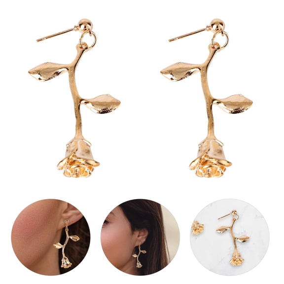 ETEREAUTY 1Pair Golden Rose Pendant Ear Creative Stylish Earrings for Daily and Party Wear