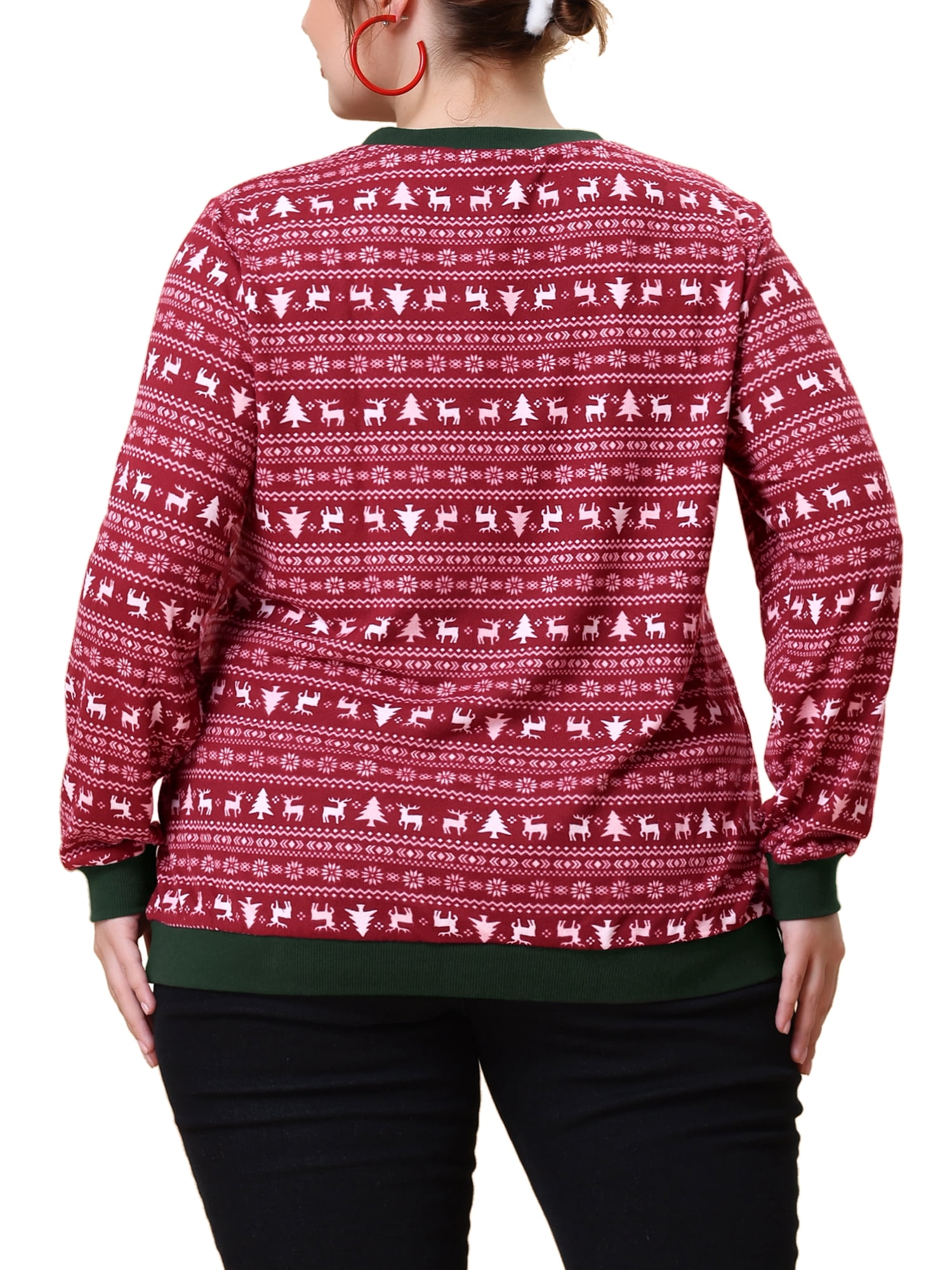Unique Bargains Women's Plus Size Knit Top Round Neck Long Sleeve Female Xmas Blouses Red 2X