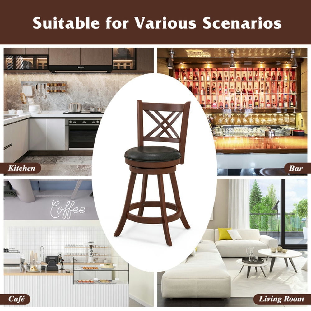 Demi Bonn 24" Set of 2 360° Swivel Upholstered Barstools with Back and Footrest, Modern Kitchen Dining Chair, Brown