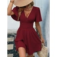 thumbnail image 5 of Women V Neck Mini Dress Summer Ruffle Sleeves A Line Elastic High Waist Flowy Swing Dresses Wine Red L, 5 of 7