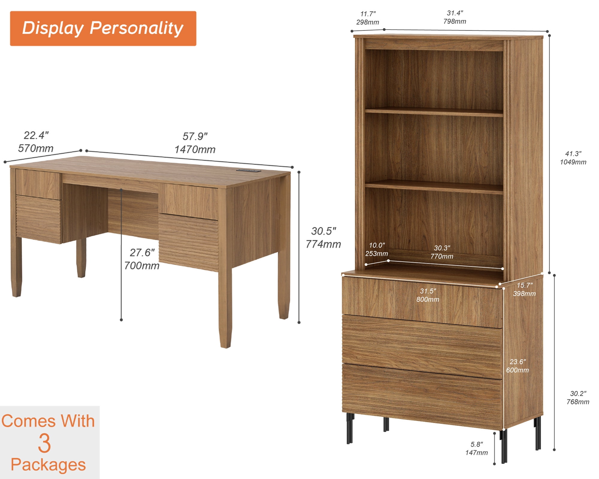 WAMPAT 2 Piece Home Office Furniture Set, 58" Writing Desk with 71.5" T Bookcase, Bookcase with 3 Drawers, Adjustable Shelves, Modern Fluted Wood Office Furniture for Home Office, Study Room, Bedroom