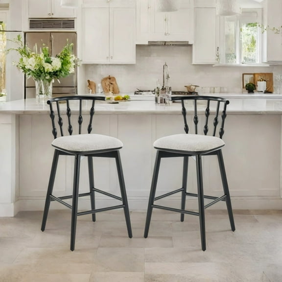 Christopher Knight Home 29" Bar Stools, Black Wood Frame with Hourglass Backrest, Gray Cushion, Set of 2