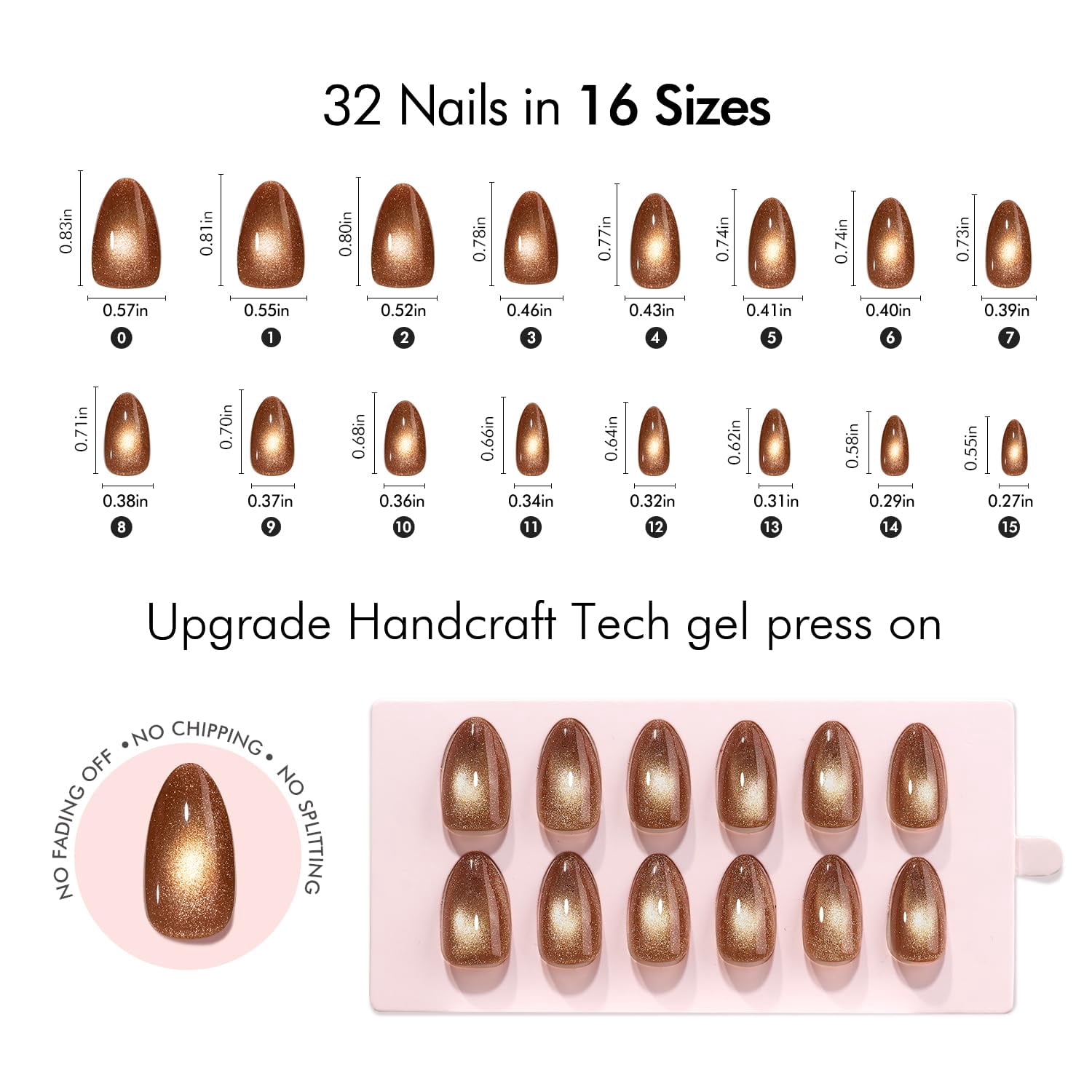 VSALON Press On Nails Short Almond, 32 Pcs 16 Sizes Brown Cat Eye Press On Chrome Fake Nails With Glue & Cuticle Oil, Reusable Stick On Nails False Nails Kit Valentines Gift For Women