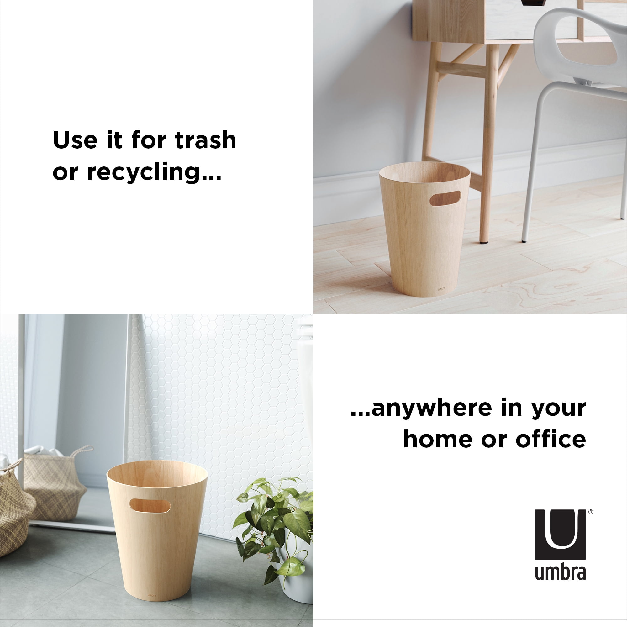 Umbra 2 gal Woodrow Wood Open Top Bathroom, Bedroom, Office Trash Can, Natural
