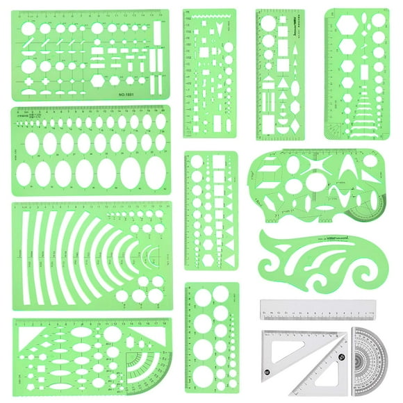 Juego de plantillas de dibujos geométricos Angrox, 15 unidades con bolsa de archivo