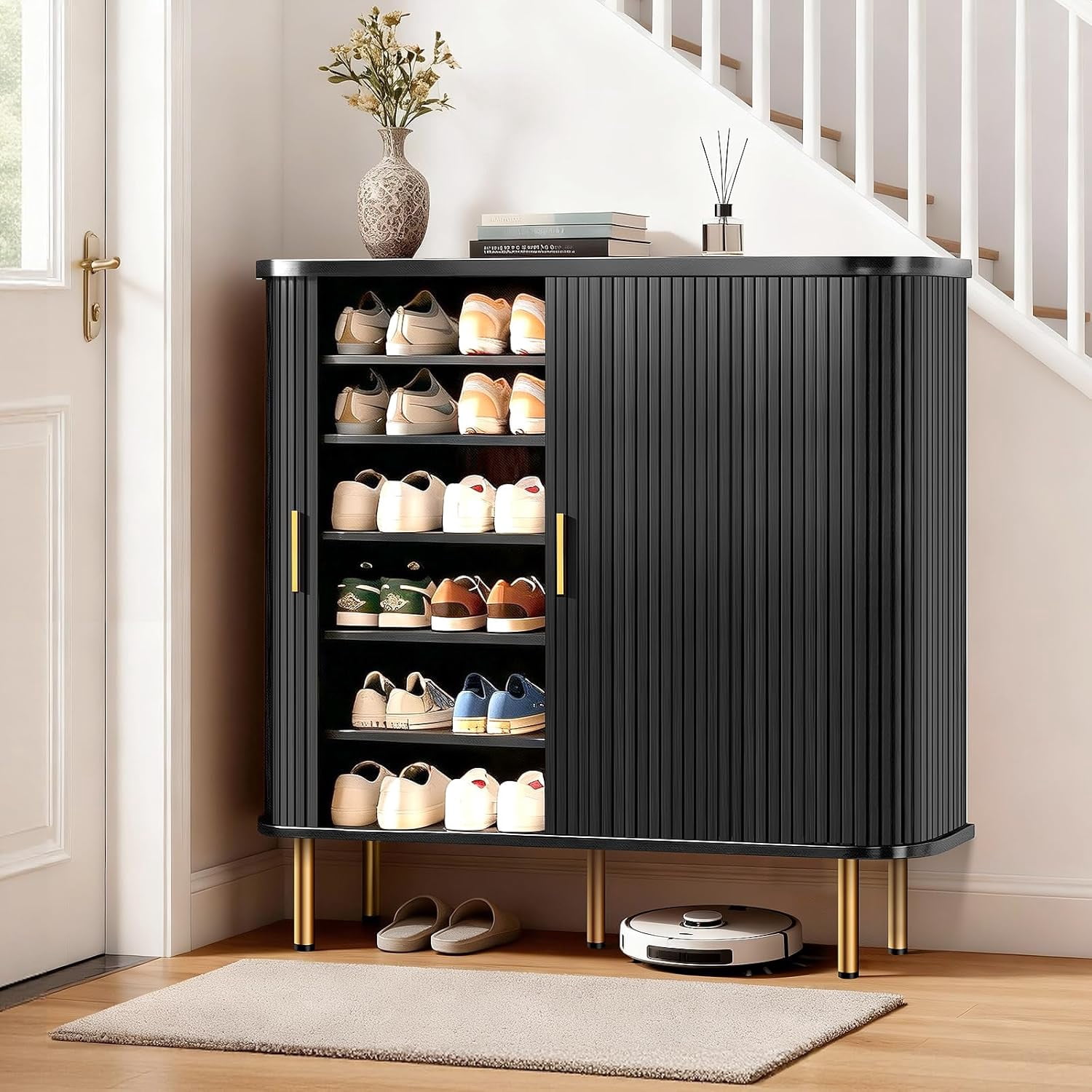 Shoe Storage Cabinet with Sliding Door, 6-Tier Shoe Cabinet with Adjustable Shelves, Mid-Century Modern Freestanding Shoe Storage Organizer for Entryway, Hallway, Living Room (Black)