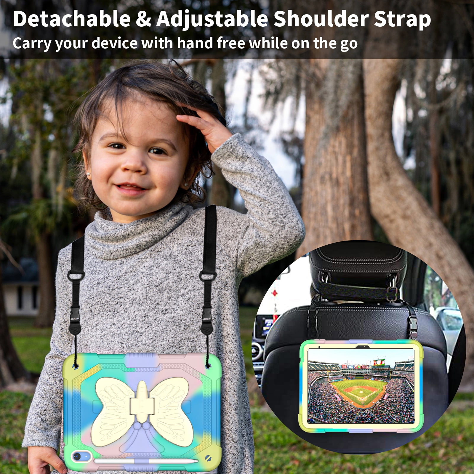 iPad 10th Generation 10.9 Inch 2022 Case with Kickstand Butterfly Wings Pencil Holder, TECH CIRCLE Heavy Duty Hard Rugged Protective Kids Girls Cover for iPad 10th Gen 10.9 Inch 2022,Colorful/Green