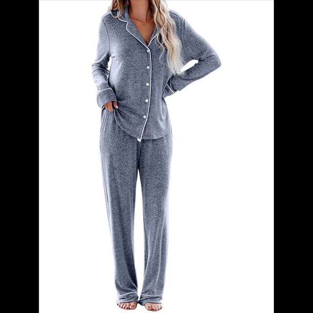 Conjuntos de Pijama para Mujer, de Larga, con Botones, para Dormir, Pijamas Suaves, Conjuntos de Estar por Casa. Azul Mar M