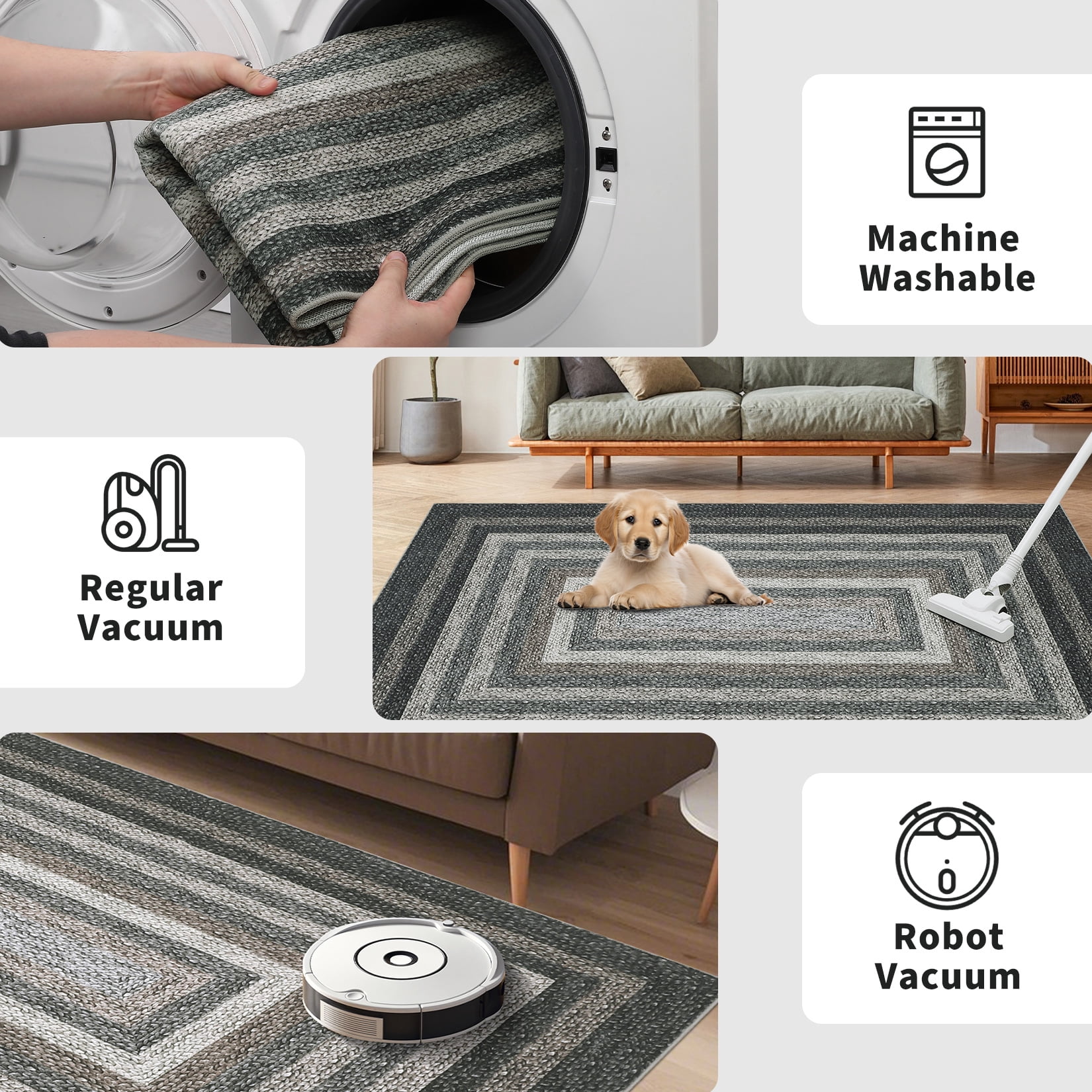 HOMERRY Washable Large Rug for Living Room 9' x 12' Braided Print Modern Bordered Soft Non-Slip Indoor Carpet, Black/Brown