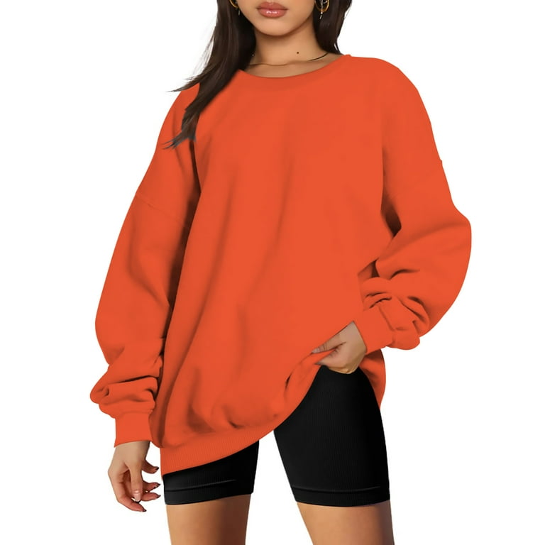 RQYYD Women's Oversized Fleece Sweatshirts Long Sleeve Crew Neck Pullover  Sweatshirt Solid Color Casual Loose Hoodies Tops (Orange,XL)