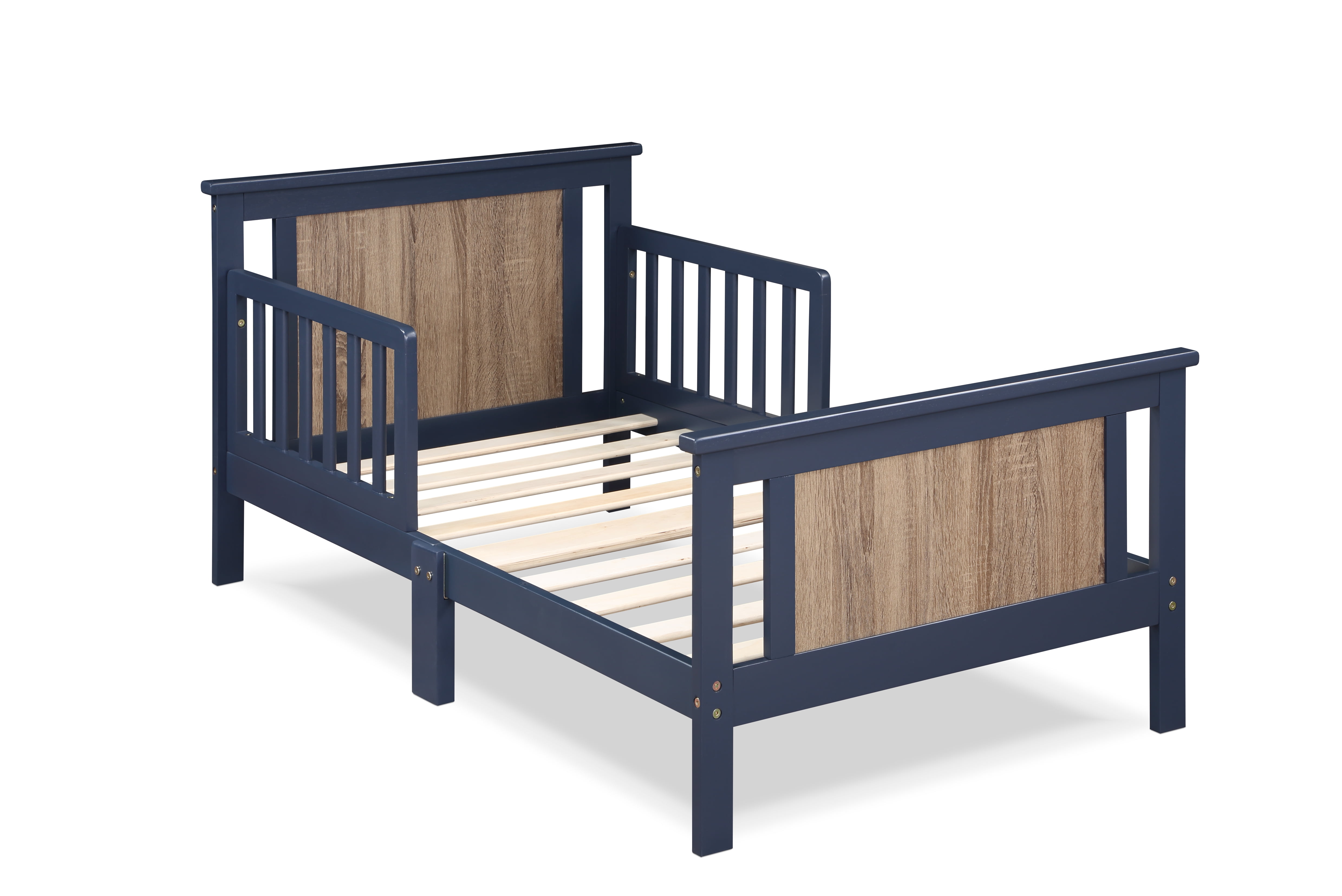 Olive & Opie Connelly Wood Reversible Panel Toddler Bed in Midnight Blue/Vintage Walnut