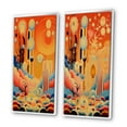 thumbnail image 3 of Designart "Retro Futuristic Dreamscapes Urban Visions I" Abstract Landscape Framed Wall Art Set Of 2 - Modern Orange Frame Gallery Set For Office Decor, 3 of 6