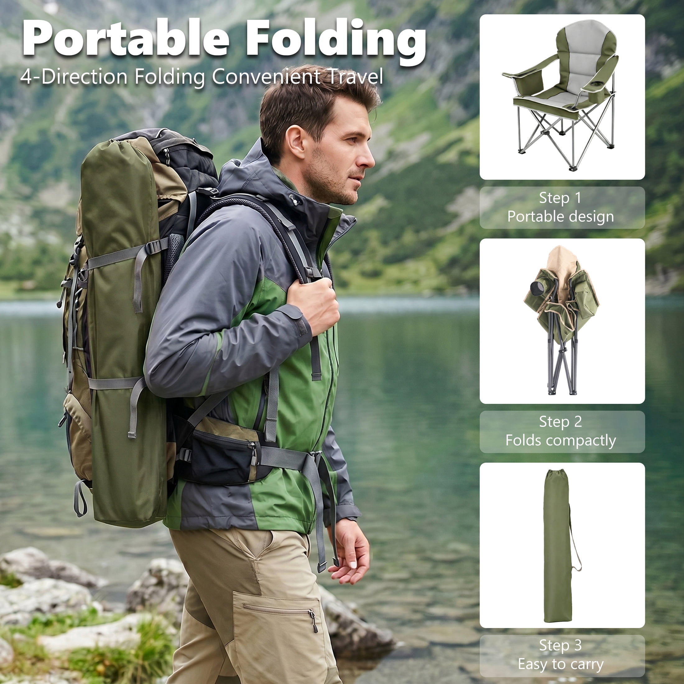 EDX Heavy Duty Camping Chair 500 lb Capacity, Oversized Extra Wide for Adults, Padded High Back Folding Lawn Chair, 500 lbs Steel Frame, Portable Outdoor Camping Chair with Cup Holder, Green
