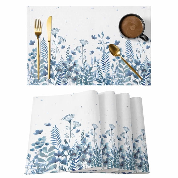 Blue Spring Floral Placemats Set of 8, Watercolor Elegant Pastoral Flowers Placemats for Dining Table, Place Mats for Kitchen Tabletop, Waterproof Wipeable Dining Table Mats Set