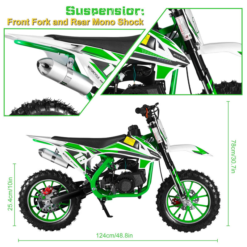 Seipouy 49CC 2-Stroke Kids Dirt Bike, Upgraded Gas Dirt Bike for Kids 8-14, Gas Power Motocross, Off Road Mini Motorcycle, Pocket Motorbike with Dual Disc Brakes, Summer Outdoor Adventure Toys