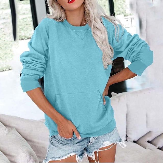 Aboser Chandail en Molleton pour Femmes 2024 Décontracté Col Rond Hauts Surdimensionnés Manches Longues Chandail Chandails en Molleton Tunique Couleur Unie Confortable Coupe Ample Chemises d'Automne avec Poche