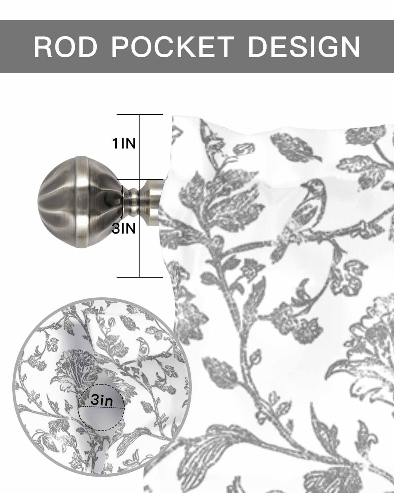 Retro Light Grey Farmhouse Floral Curtain Valances for Kitchen Windows,Rod Pocket Short Valance Pastoral Flowers Window Treatment for Living Room Bathroom Bedroom,42" x 18"-1 Panel
