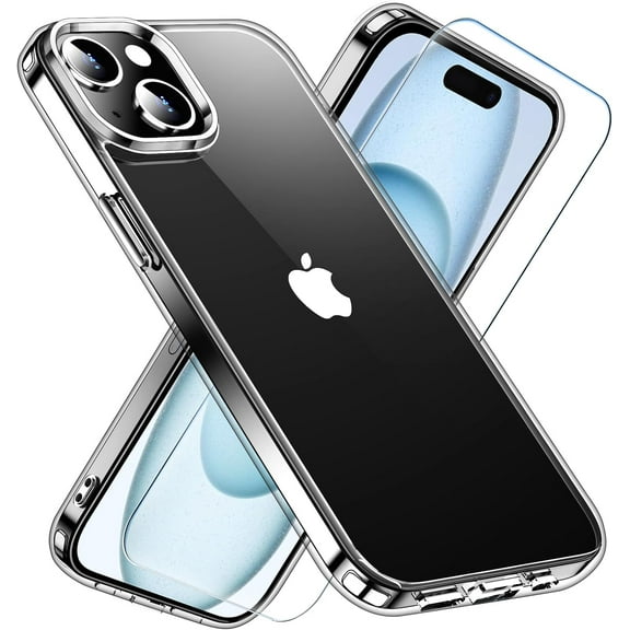 Heavy Duty Clear Phone Case Designed for Apple iPhone 15 Transparent Case with 1 Tempered Glass Screen Protector, Shockproof Dropproof Slim Clear Case for Apple iPhone 15