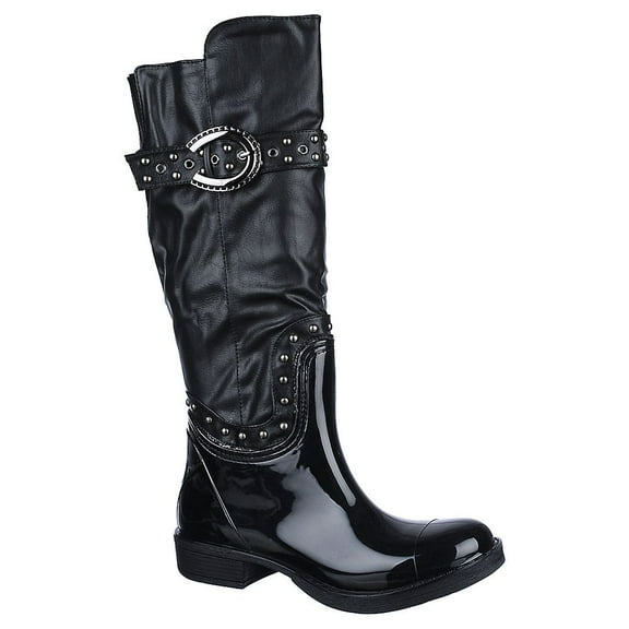 Women's Rivet Studded Shiny Black Rubber Rain Boot Rainboot