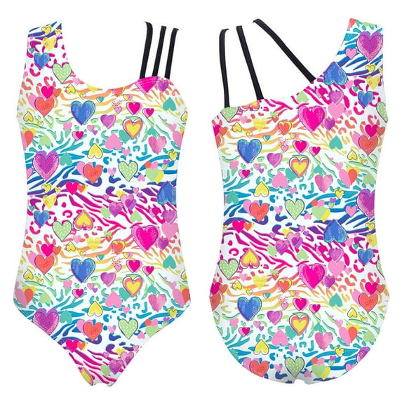 YONGHS Kids Girls Leopard Printed One Shoulder Gymnastics Leotard Ballet Dance Top Heart Zebra 14