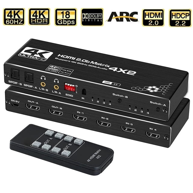 HDMI Matrix Switch 4x2,KSRplayer 4 in 2 Out HDMI2.0b Switch Splitter + Optical and L/R Audio Output, Scaler EDID with Remote