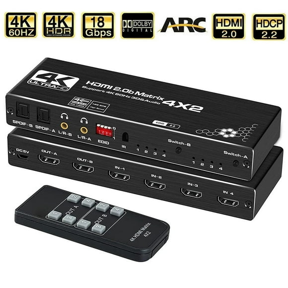 HDMI Matrix Switch 4x2,KSRplayer 4 in 2 Out HDMI2.0b Switch Splitter + Optical and L/R Audio Output, Scaler EDID with Remote