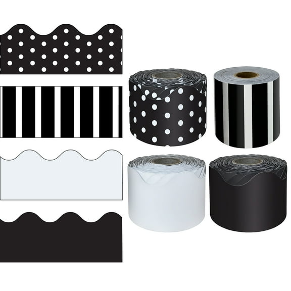 Carson Dellosa 65' Black, White, Stripes & Polka Dot 4 Pack Rolled Bulletin Board Border Set
