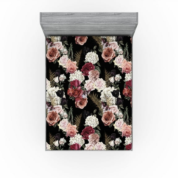 Ambesonne Flowers Fitted Sheet, Blossoming Roses Romantic, California King, Black Multicolor
