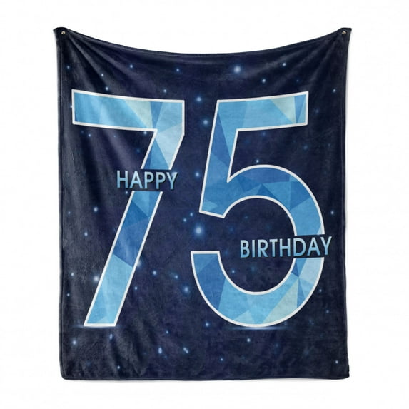 75th Birthday Soft Flannel Fleece Blanket, Geometric and Abstract Design in Blue Colors with Stars Background, Cozy Plush for Indoor and Outdoor Use, 50" x 60", Dark Blue Pale Blue, by Ambesonne