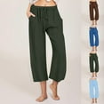 thumbnail image 5 of Dvprdro Womens Summer Cotton Linen Capri Pants Loose Casual Solid Drawstring Wide Leg Beach Trouser with Pockets, 5 of 5
