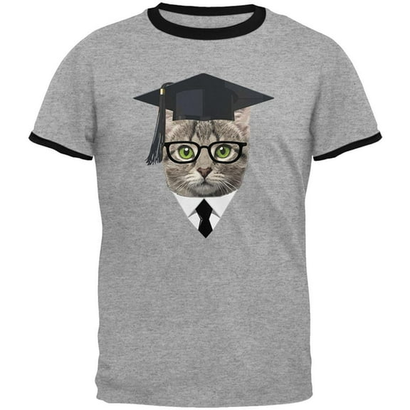 Graduation Funny Cat Mens Ringer T Shirt Heather-Black SM