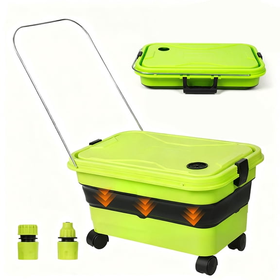 Collapsible Bucket 5.8 Gallon 22L with Wheels Handle Drain Plug Water Outlet and 2 Universal Connectors for Portable Pressure Washer Cordless Car Washing Camping RV Pet Bath Multi-Use