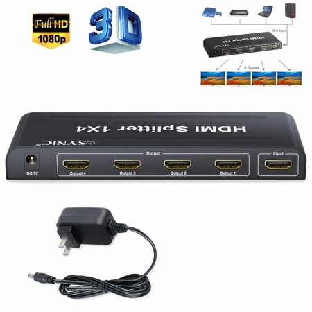 ESYNIC 1080P 3D 4 Port HDMI Splitter 1 In 4 Out HDMI Splitter 4 Way HDMI Video Audio Splitter Adapter Signal Distributor with Power Adapter for HDTV PC Projector Laptop SKY Box PS3 PS4 (Best Hdmi Splitter For Sky Hd)
