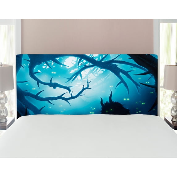 Mystic Headboard, Animal with Burning Eyes in the Dark Forest at Night Horror Halloween Illustration, Upholstered Decorative Metal Bed Headboard with Memory Foam, Full Size, Navy White, by Ambesonne