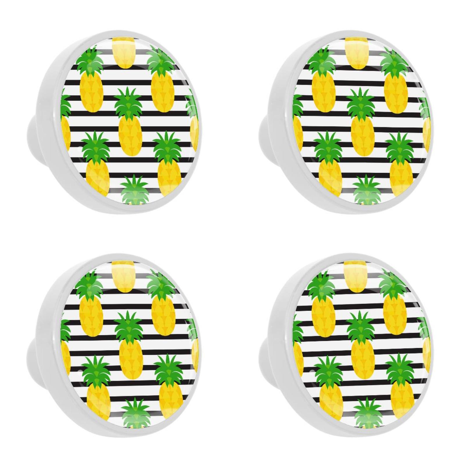 Ownta 4Pcs Kitchen Knob Round Pineapples on Black White Striped