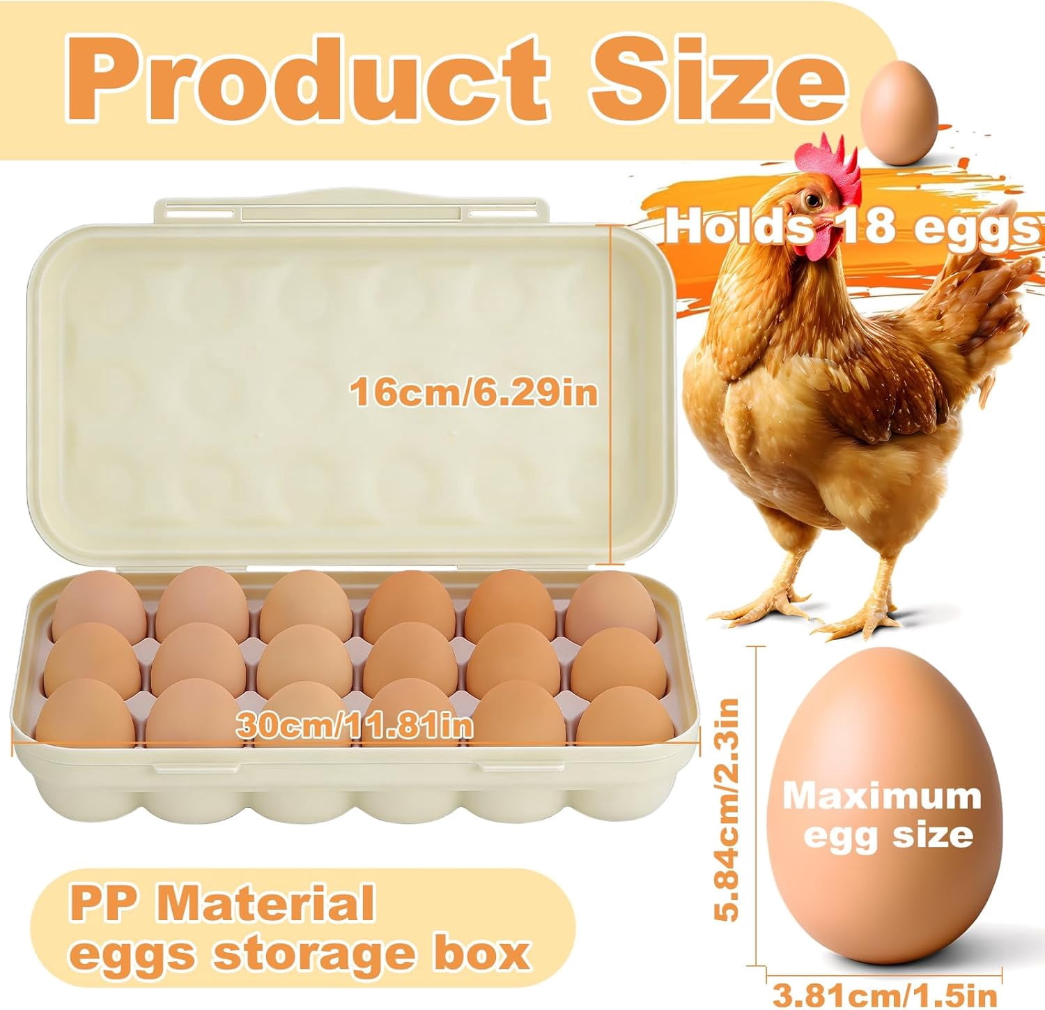 ABPETE Large Capacity Outdoor Egg Holder, Plastic Egg Fresh Carrier Egg Storage Container Organizer Box for Fridge, Stackable Camping Egg Holder for Home Picnic Hiking Travel, 18 Eggs Tray Beige