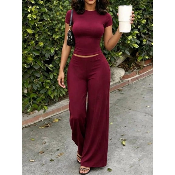 Women's 2 Piece Outfit Short Sleeve Crop Top Wide Leg Pants Set