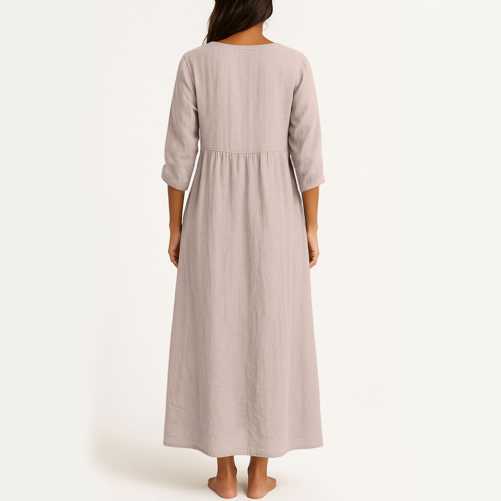 JGGSPWM Linen Dress Women V Neck Long 3/4 Sleeve Tunic Boho Maxi Dress Casual Spring and Autumn Plain Flowy Beach Vacation Dresses Pink S