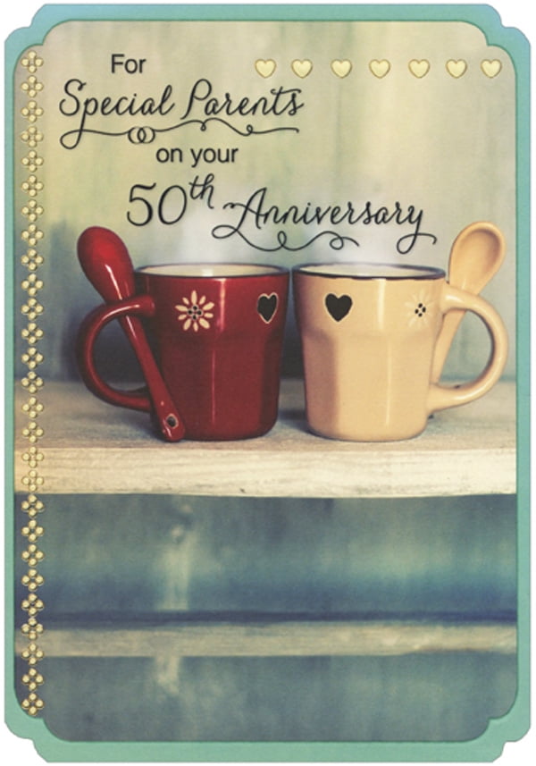 Red and Cream Coffee Cups with Spoons Die Cut 50th Anniversary Card for Parents 