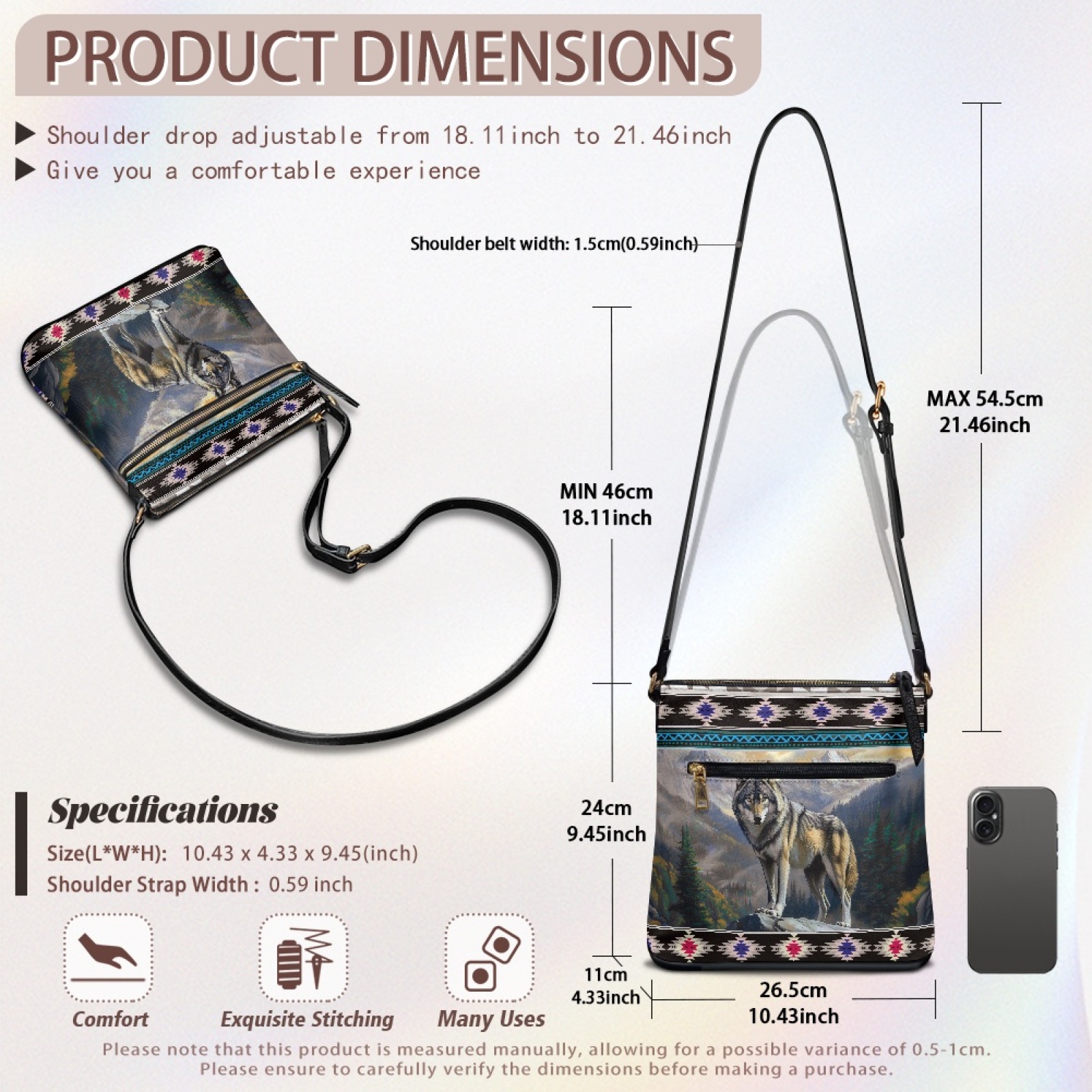 LedBack Wolf Print Women Crossbody Bags Leather Hobo Purse Aztec Sling Satchel Purse Multi Pockets Shoulder Handbag with Adjustable Strap for Travel Shopping, Blue