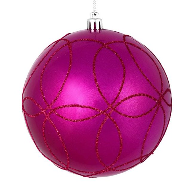 Vickerman N182670D 6 in. Fuchsia Candy Ball Ornament with Circle Glitter Pattern 3 per Bag