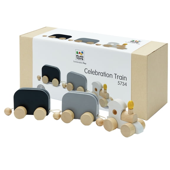 PlanToys® Celebration Wooden Train Set with Photo Slot & Chalkboard | Customizable Keepsake 3 Pcs Pull Toy Made with Sustainable Rubberwood | Ideal Birthday Gift for Kids