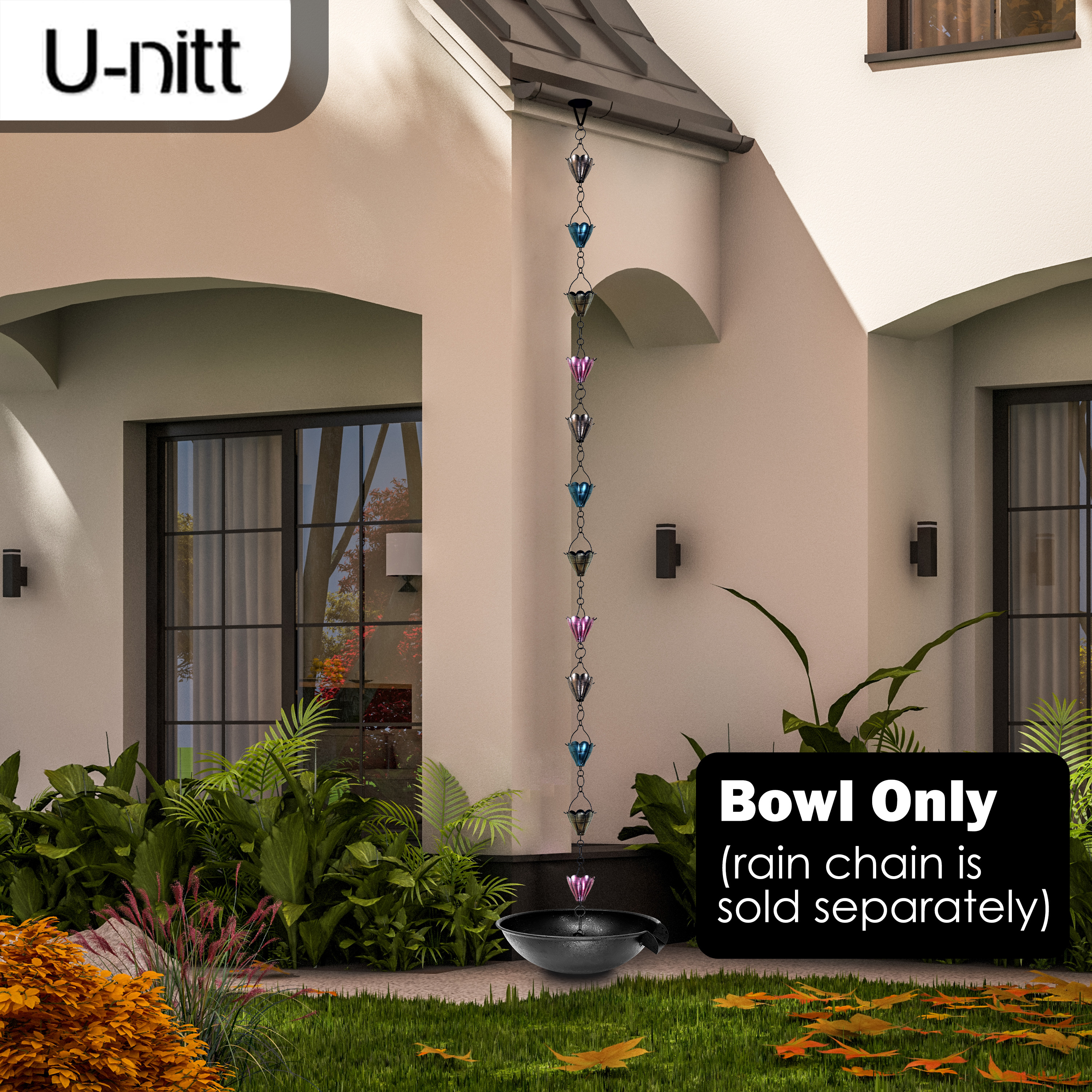 U-nitt 12" Anchoring Basin/Bowl/Dish for Gutter Rain Chain, Spill Bowl for Fountain, Flat Scupper, Birdbath Alternative, with Attachment Chain, Black Powder Coated, 972FBLK-V2