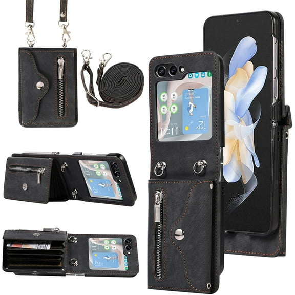 REQO Phone Case for Samsung Galaxy Z Flip 5 5G Wallet Cover with Shoulder Crossbody Strap Lanyard Credit Slot Card Holder Stand Leather Mobile Cell Accessories ZFlip5 Z5 Flip5 Women Men Girls Black